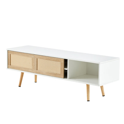 55.12" Rattan TV cabinet double sliding doors for storage adjustable shelf solid wood legs TV console for living room  White
