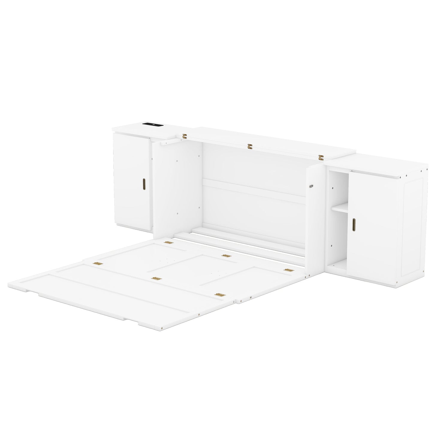 Queen Size Murphy Bed with Shelves, Cabinets and USB Ports,White
