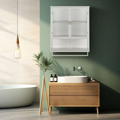 23.62"Glass Doors Modern Two-door Wall Cabinet with Featuring Two-tier Enclosed Storage an Open Shelf and Towel Rack