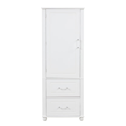 Tall bathroom storage cabinet with two drawers and adjustable shelves for independent storage