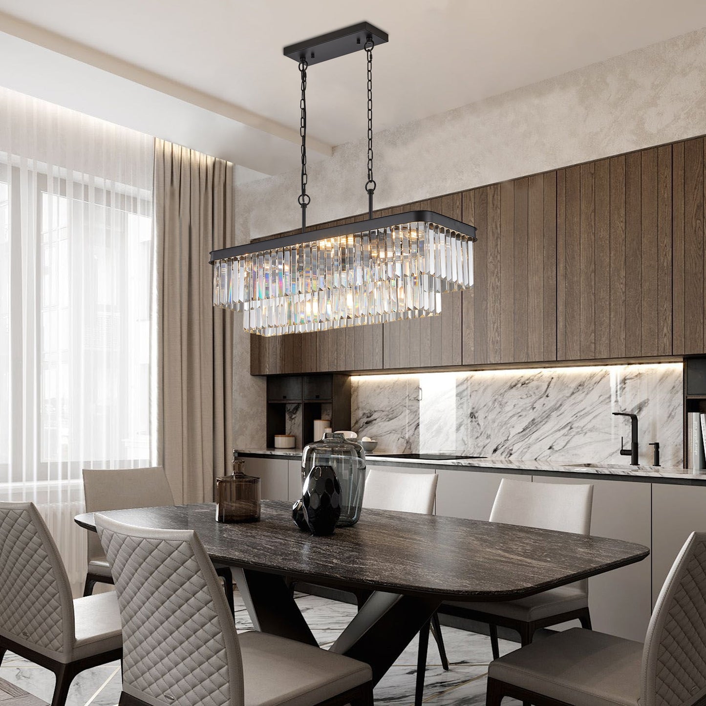 Chandeliers,Rectangular Crystal Chandelier Adjustable,E12 Modern Industrial Crystal Lights (Bulb Not Included)