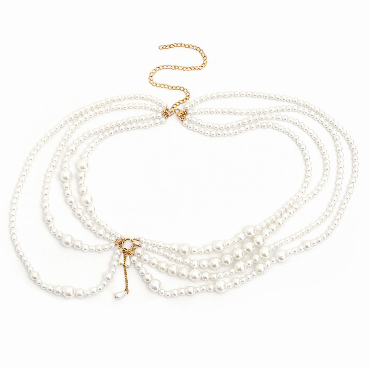 Sweet, cool and spicy girl imitates pearl hollow tassel ethnic windbreaker decoration chain, sexy nightclub style multi-layer body chain