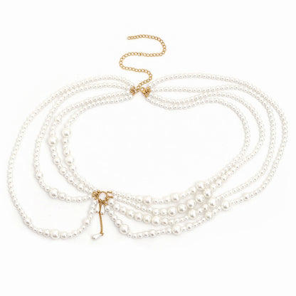 Sweet, cool and spicy girl imitates pearl hollow tassel ethnic windbreaker decoration chain, sexy nightclub style multi-layer body chain