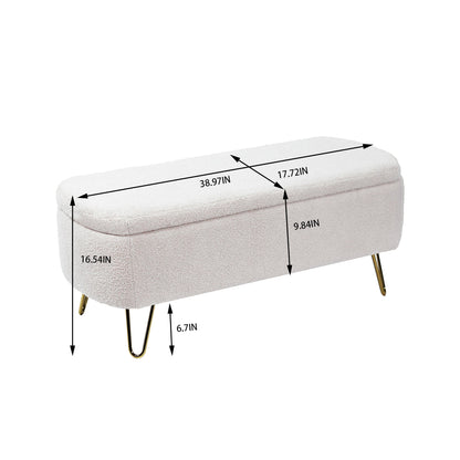 Ivory White Storage Ottoman Bench for End of Bed Gold Legs