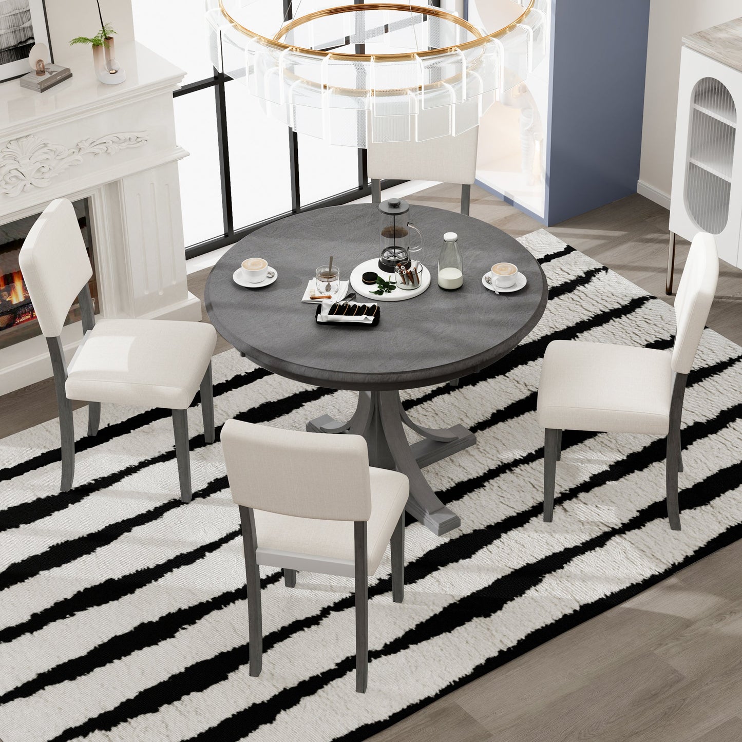 TREXM Five Piece Retro Round Dining Table Set with Curved Brackets and 4 Restaurant Cushioned Chairs (Dark Gray)