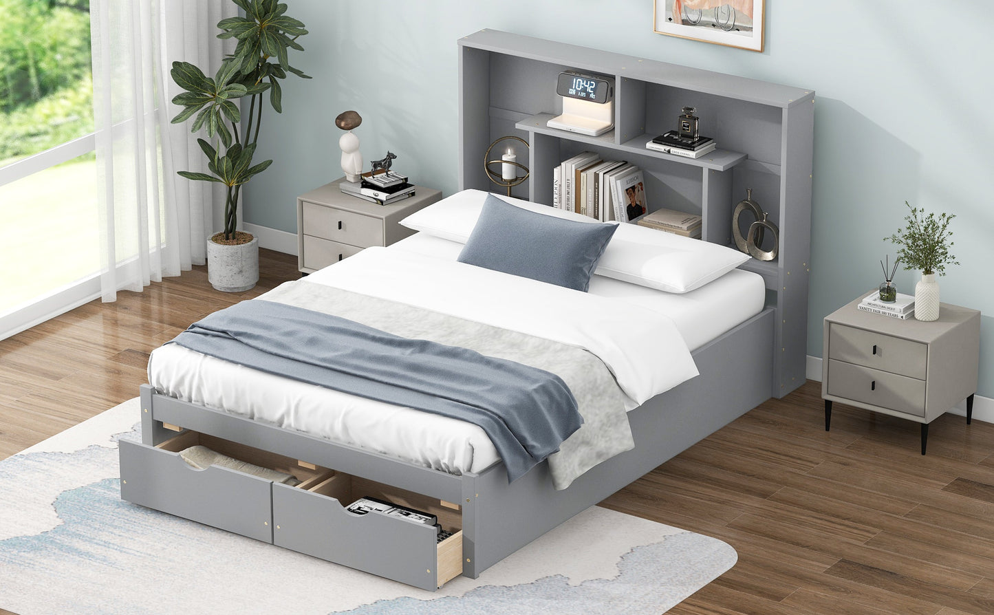 Full Size Platform Bed with Storage Headboard and 2 Drawers, Gray