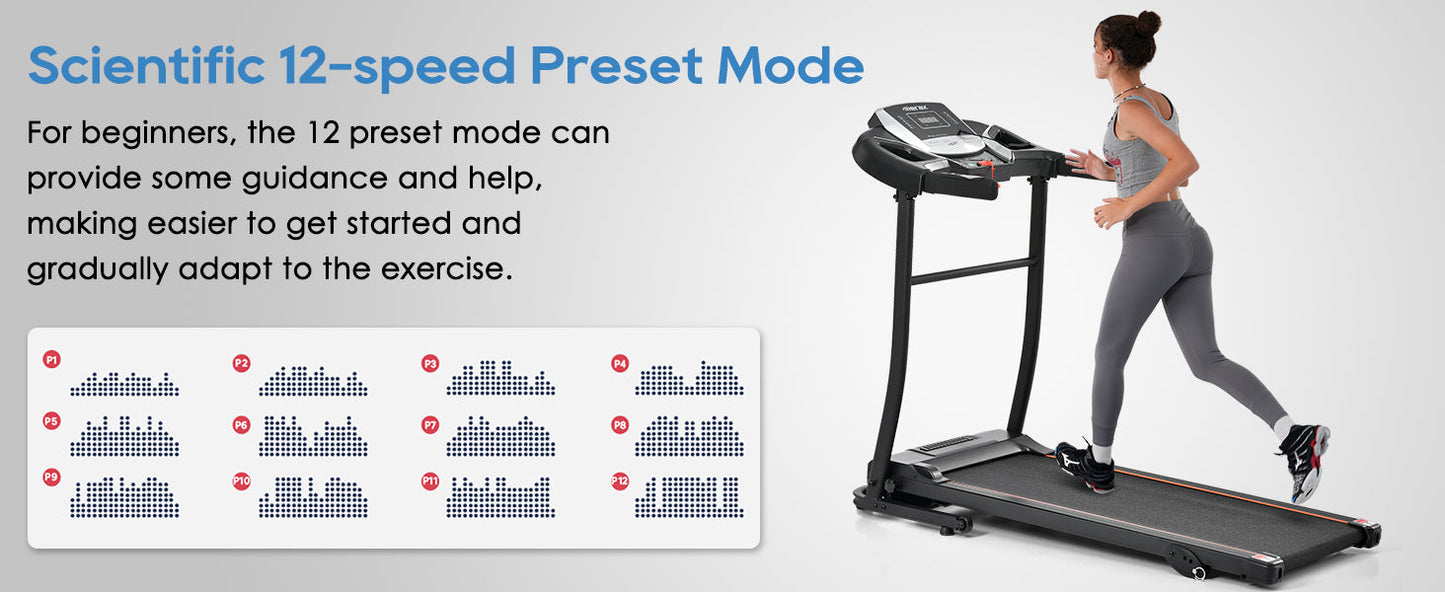 Home folding treadmill with pulse sensor, 2.5-horsepower silent brushless motor, 3-level tilt, 12 preset programs