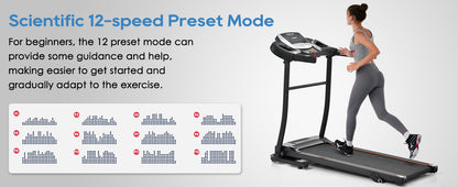 Home folding treadmill with pulse sensor, 2.5-horsepower silent brushless motor, 3-level tilt, 12 preset programs