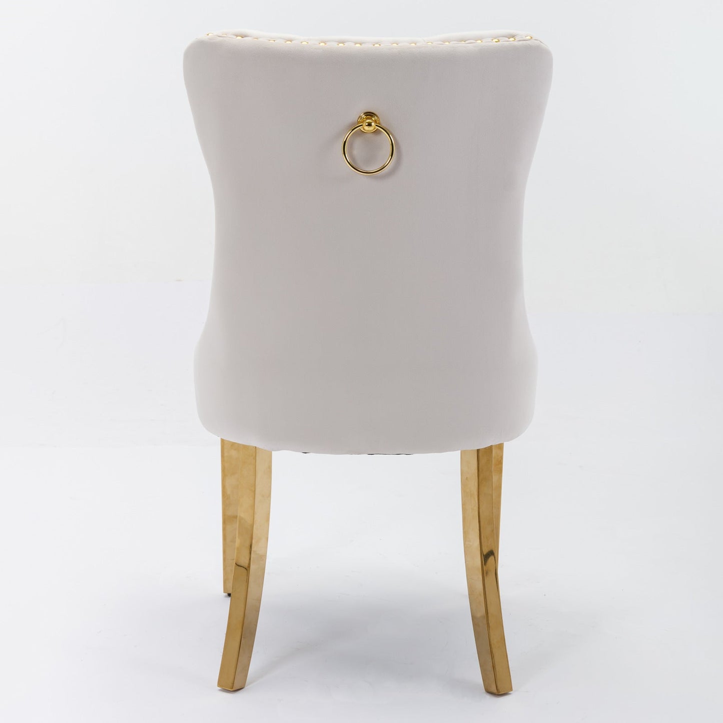 Tufted solid wood velvet soft cushion dining chair gold stainless steel plated leg nail head set of 2 pieces beige and gold
