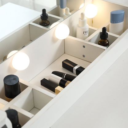 Vanity desk set including table with large lighted mirror 3 color lighting modes adjustable brightness white color