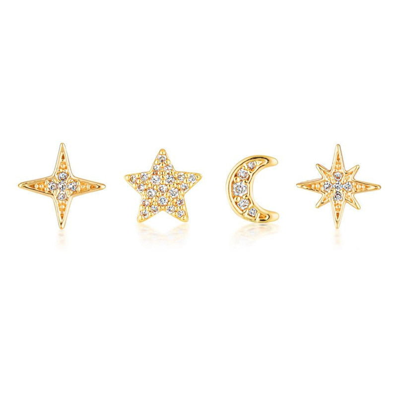 S925 Small Ins 4 Piece Set Star Octagonal Star Four Point Star Moon Earring Set