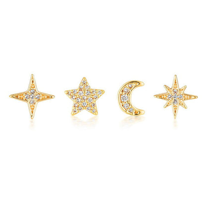 S925 Small Ins 4 Piece Set Star Octagonal Star Four Point Star Moon Earring Set