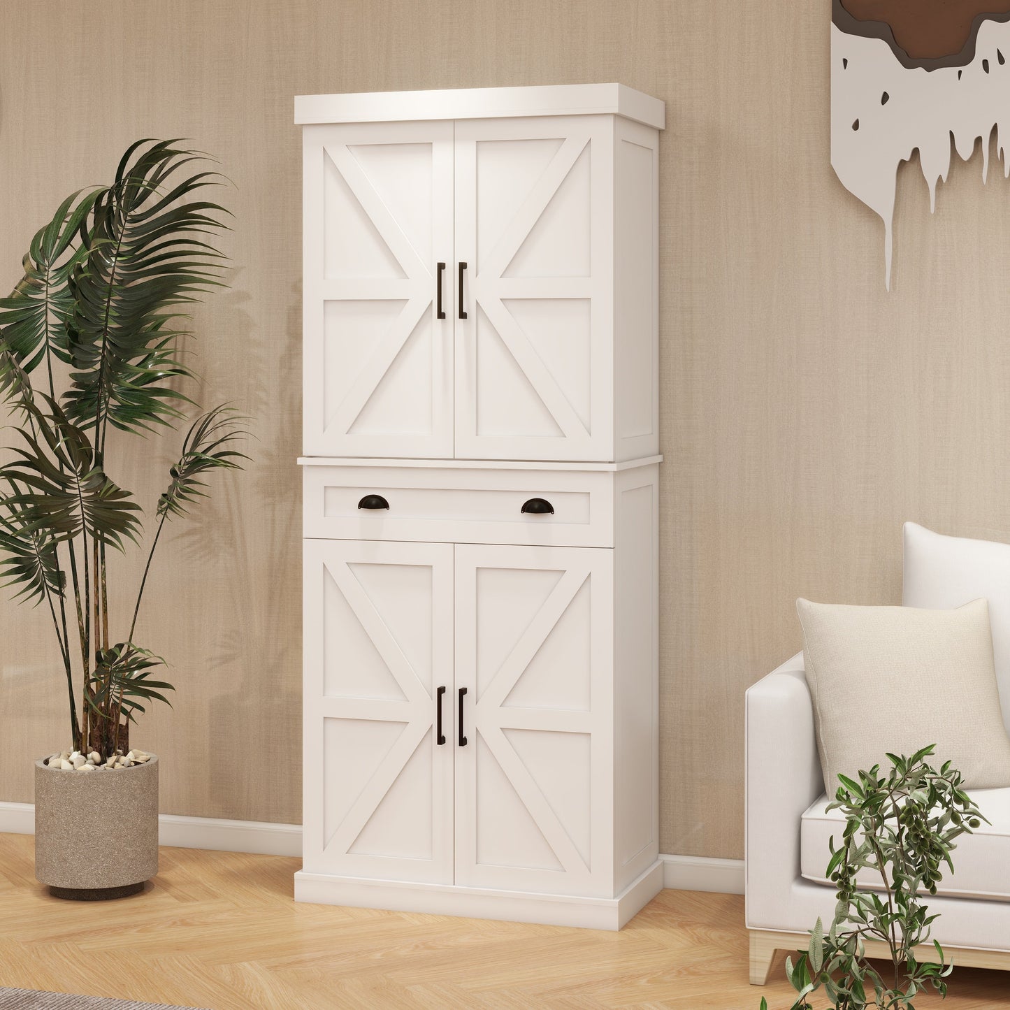 71" Kitchen Pantry Storage Cabinet with 4 Doors(2Doors with Racks)1 Drawer 2 Adjustable Shelves Freestanding Cupboard
