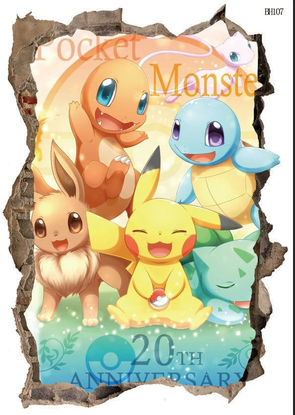 New 3D Pikachu Wall Sticker Pok é mon Wallpaper Self adhesive Cartoon Graffiti Anime Poster Children's Room PVC