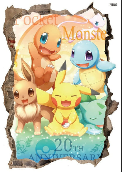 New 3D Pikachu Wall Sticker Pok é mon Wallpaper Self adhesive Cartoon Graffiti Anime Poster Children's Room PVC