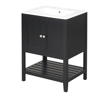 24" Black Modern Sleek Bathroom Vanity Elegant Ceramic Sink with Solid Wood Frame Open Style Shelf