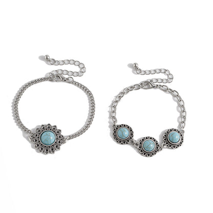 Ethnic style retro alloy turquoise bracelet Bohemian artistic bracelet set for women