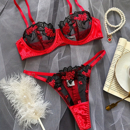 Underwear three-point sexy mesh embroidery perspective fun lingerie set women's T-pants temptation