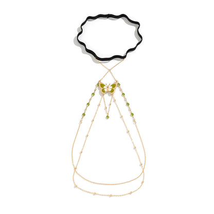 JK Pure Desire Wind Sexy Elastic Leg Chain Cross border Jewelry Green Painted Butterfly Tassel Leg Chain