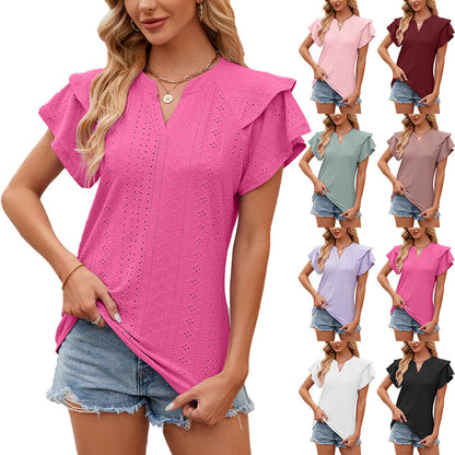Solid Color Double-layer Sleeve V-neck Loose Short Sleeve T-shirt Top
