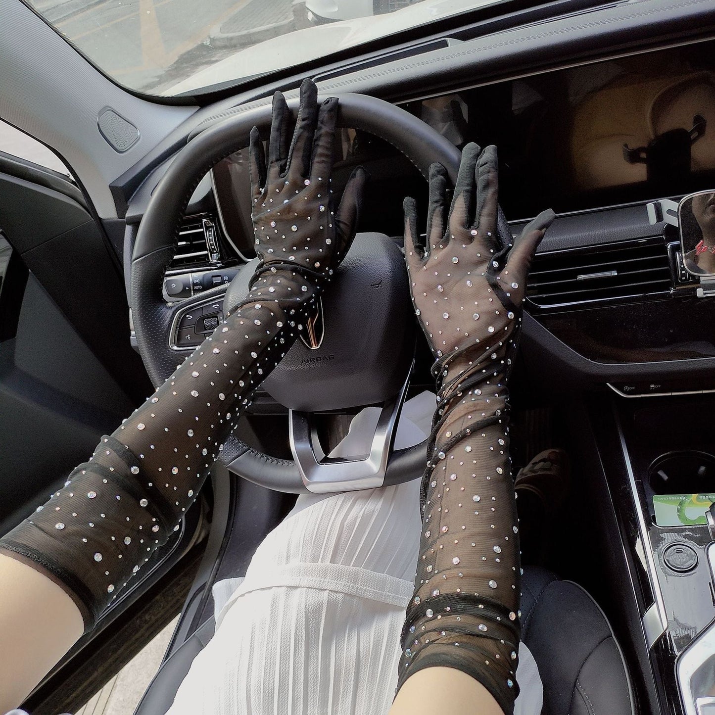Cosplay Rhinestone Lace Mesh Gloves