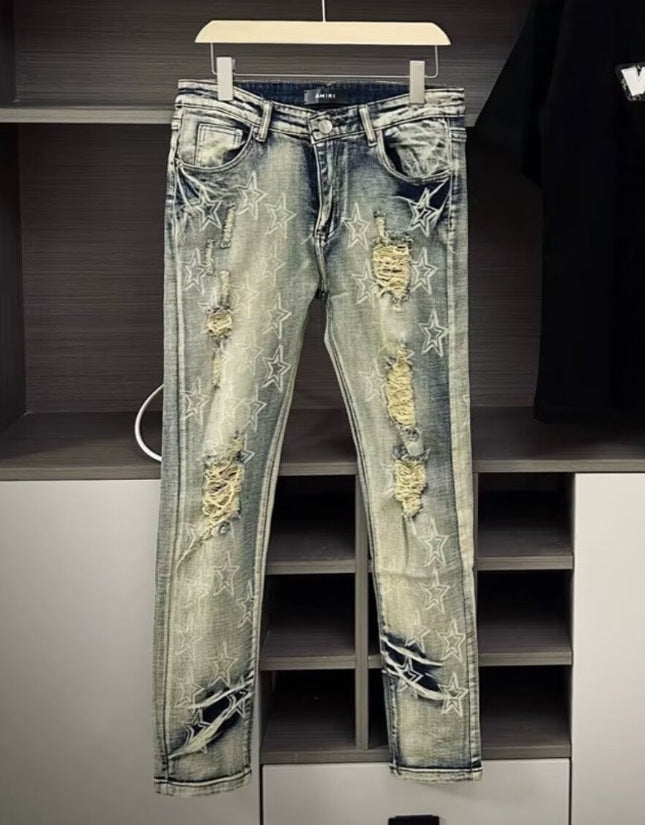 Punk Retro Blue Ripped Slim Fit Men's Jeans