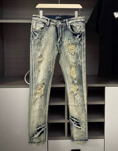 Punk Retro Blue Ripped Slim Fit Men's Jeans