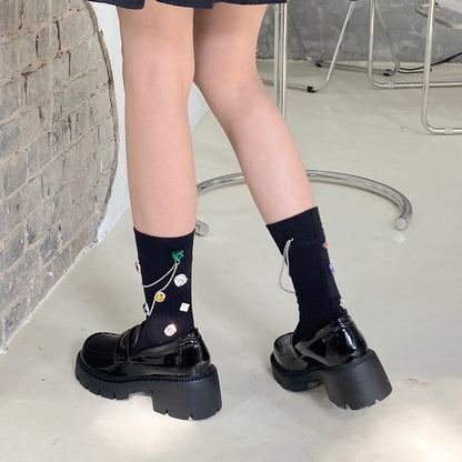 Summer and Spring European Luxury Love Diamond Black Chain Middle Tube Stacked Socks