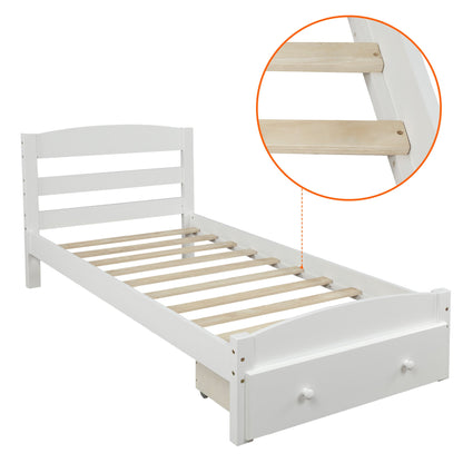 Platform Twin Bed Frame with Storage Drawer and Wood Slat Support No Box Spring Needed White