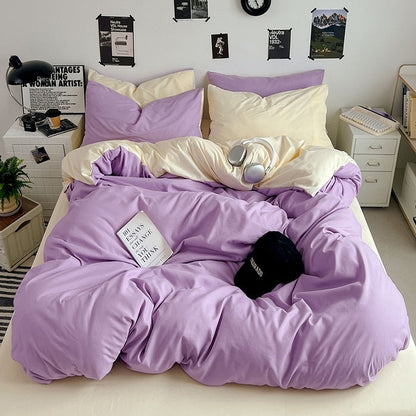 Washed Cotton Solid Color Double Spliced Four-Piece Bedding Set - Sheet, Quilt Cover, Pillowcases for Employee and Dormitory Use