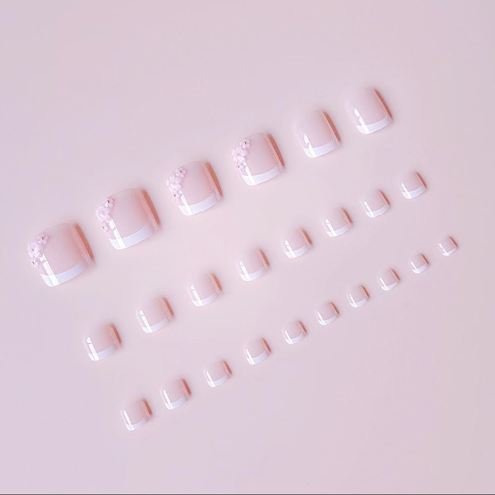 ZIFANHU 24 Pcs White French Press On Toenails Pink Flower Design Plastic