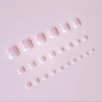 ZIFANHU 24 Pcs White French Press On Toenails Pink Flower Design Plastic