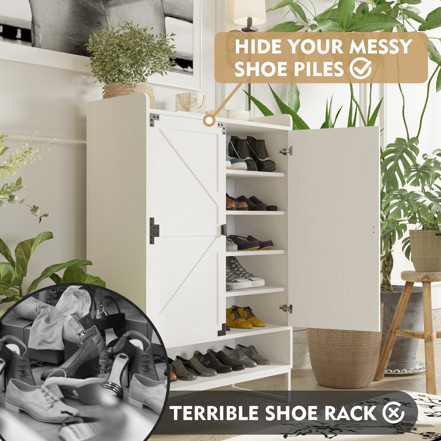 Shoe Cabinet with Doors, 6-Tier Shoe Storage Cabinet with Adjustable Shelves, Wooden Shoes Rack Shoe Storage Organizer