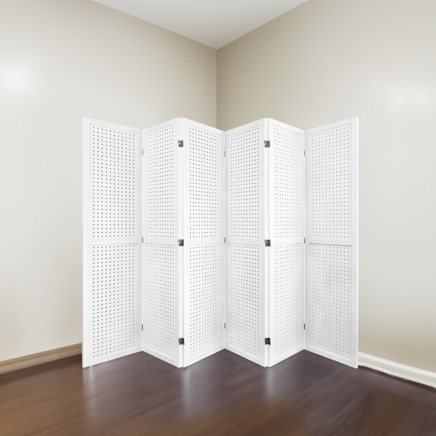 6-panel room divider, 5.6-foot nail board display, wooden room divider, folding privacy screen, elegant white room divider