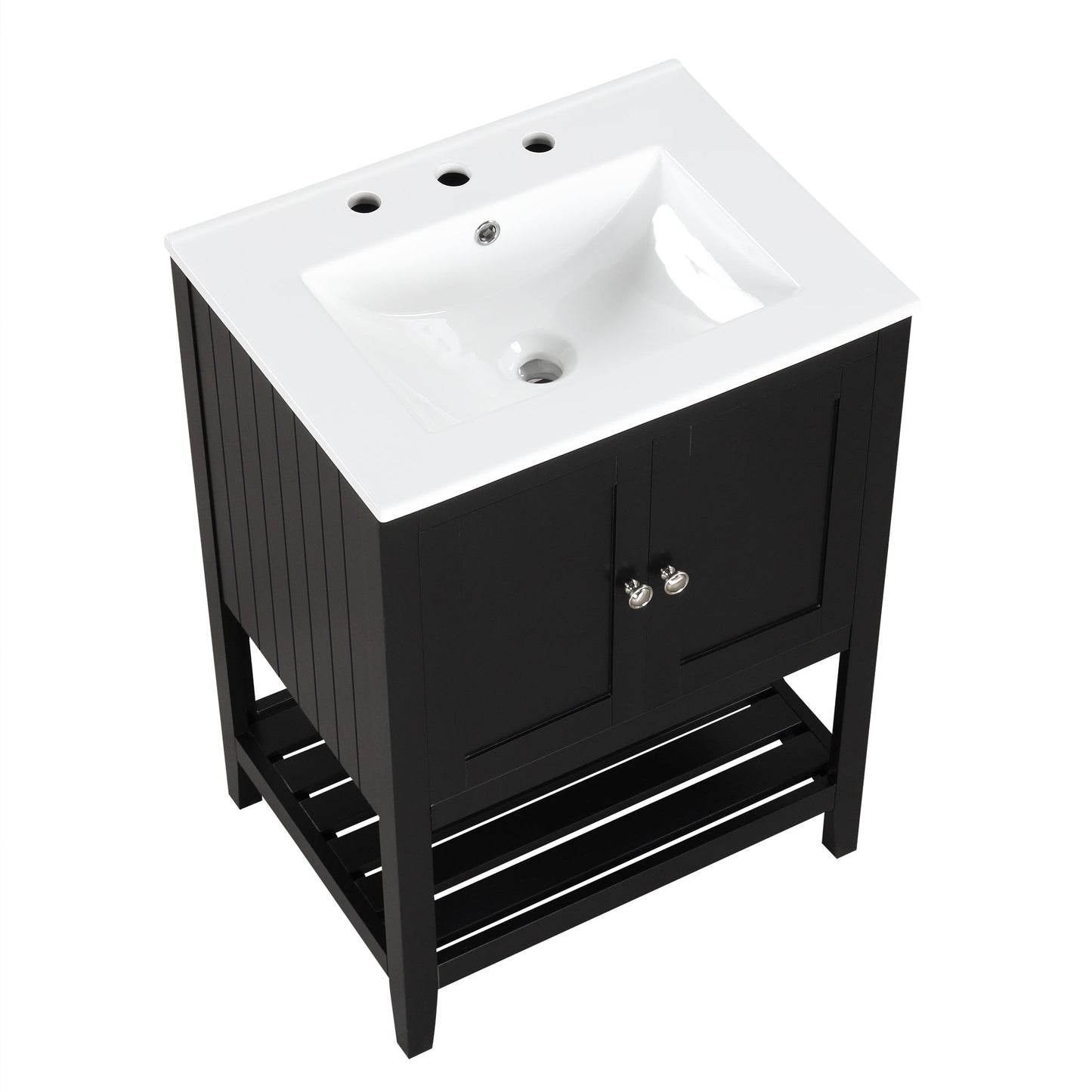 24" Black Modern Sleek Bathroom Vanity Elegant Ceramic Sink with Solid Wood Frame Open Style Shelf