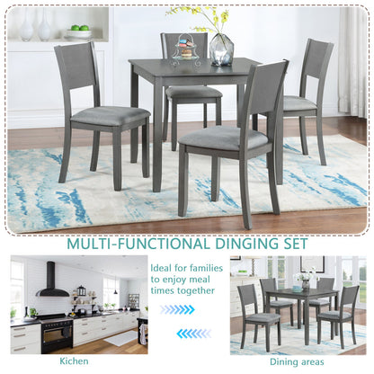 5 Piece Modern Dining Set, Square Wooden Dining Table with 4 Upholstered Chairs for Kitchen, Dining Room, Gray