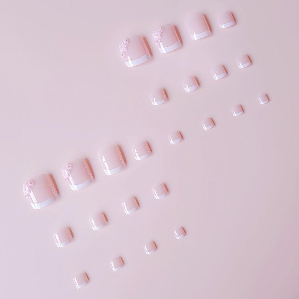 ZIFANHU 24 Pcs White French Press On Toenails Pink Flower Design Plastic