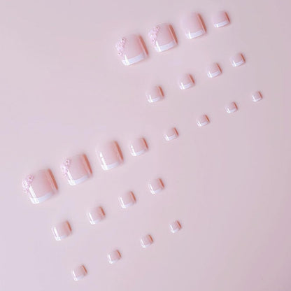 ZIFANHU 24 Pcs White French Press On Toenails Pink Flower Design Plastic
