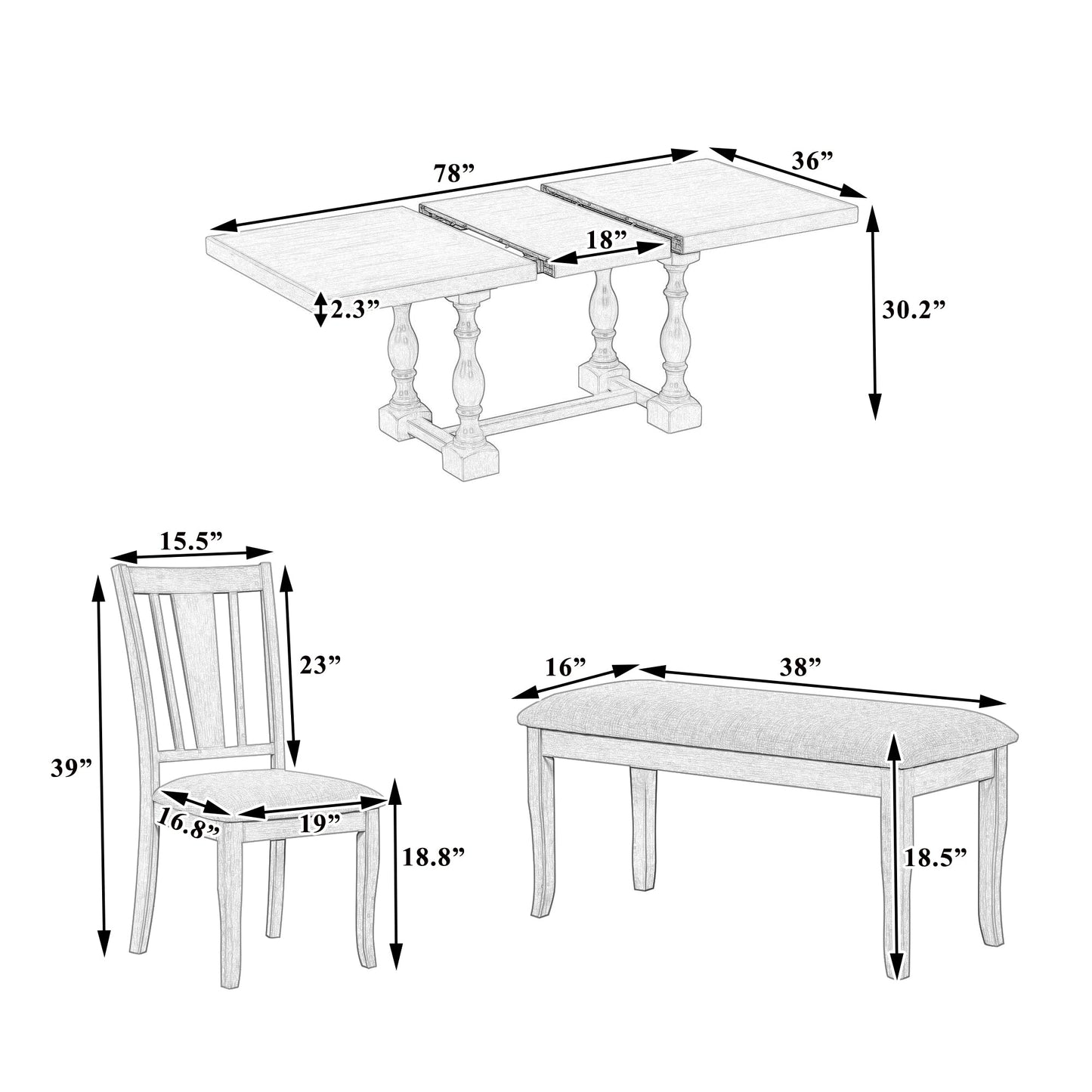 Traditional 6-Piece 78inch Trestle Extendable Dining Table Set with One 18inch Removable Leaf Distressed White