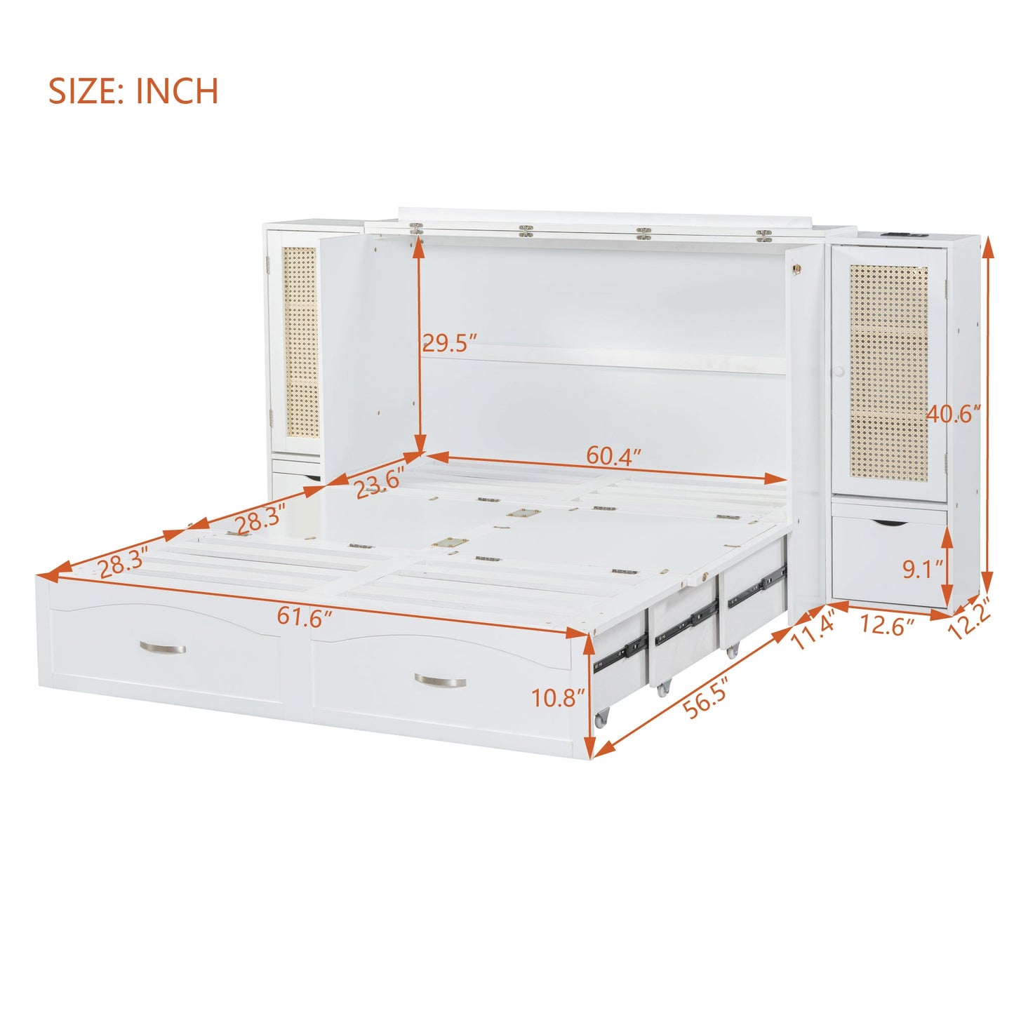 Large Murphy bed wall mounted bed with drawers, 2 storage cabinets, 1 set of sockets and USB ports, white