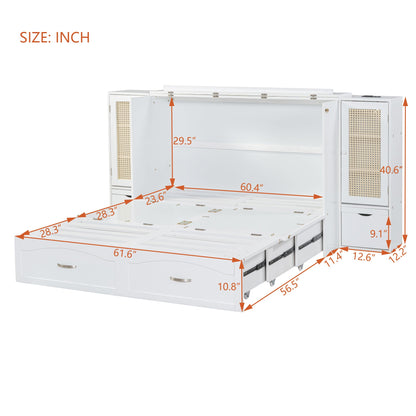 Large Murphy bed wall mounted bed with drawers, 2 storage cabinets, 1 set of sockets and USB ports, white