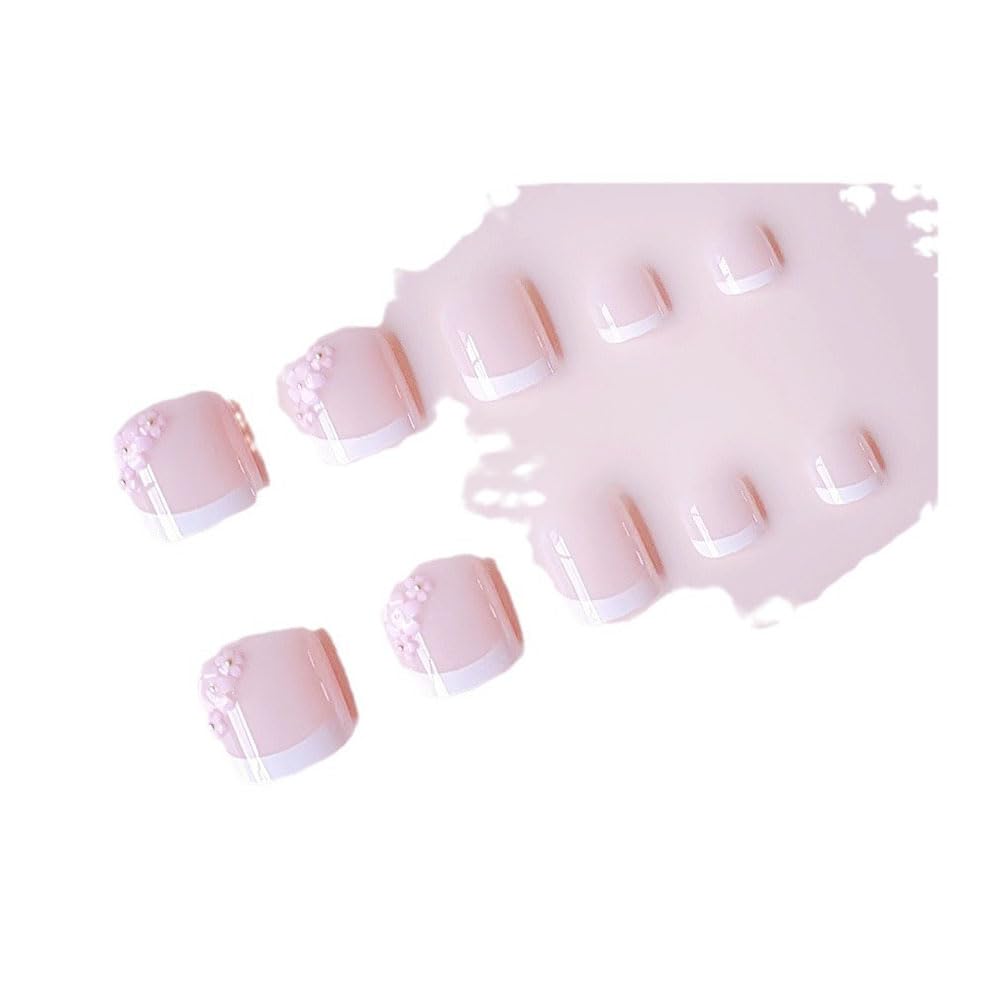 ZIFANHU 24 Pcs White French Press On Toenails Pink Flower Design Plastic