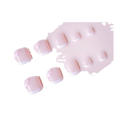 ZIFANHU 24 Pcs White French Press On Toenails Pink Flower Design Plastic