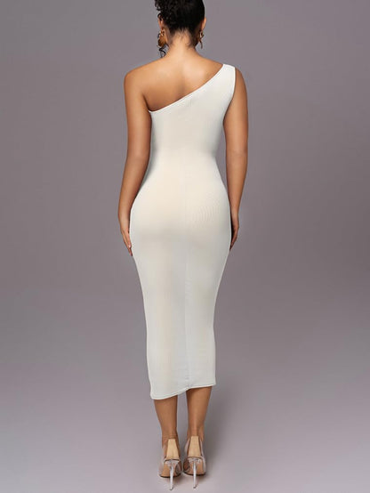LAGSHIAN Women's Sexy Bodycon One Shoulder Mesh Ruched Midi Dress White Size L