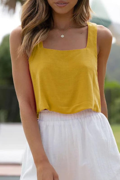 Allimy Women's Square Neck Sleeveless Crop Tank Top Yellow Size M