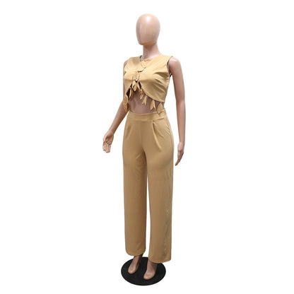 Round Neck Casual Sleeveless Sexy Top with Slim Long Pants Two-Piece Women's Set
