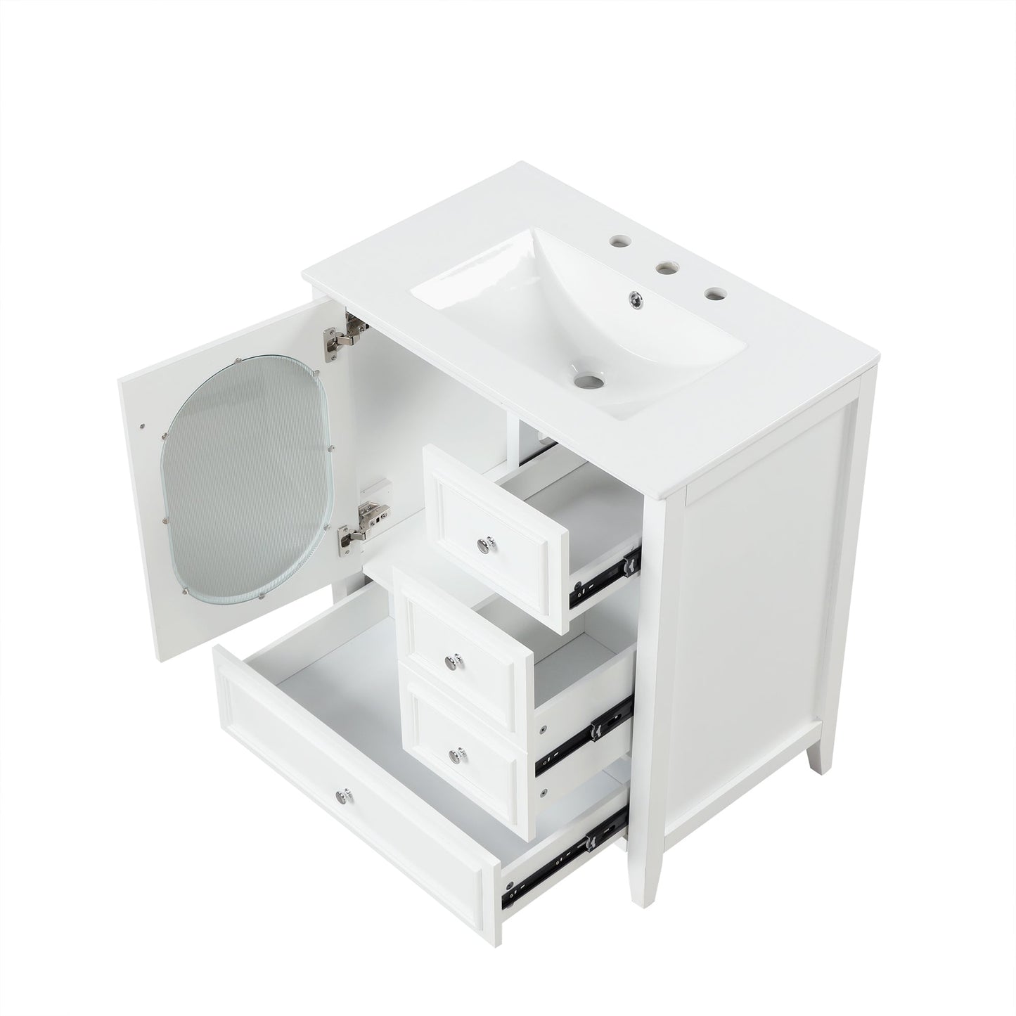 30" Bathroom Vanity with Sink, Bathroom Vanity Cabinet with Three Drawers and Door, Solid Wood and MDF, White
