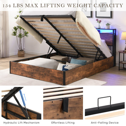Elevating storage bed frame, full-size bed frame with bookshelf headboard and LED lights, with country brown color