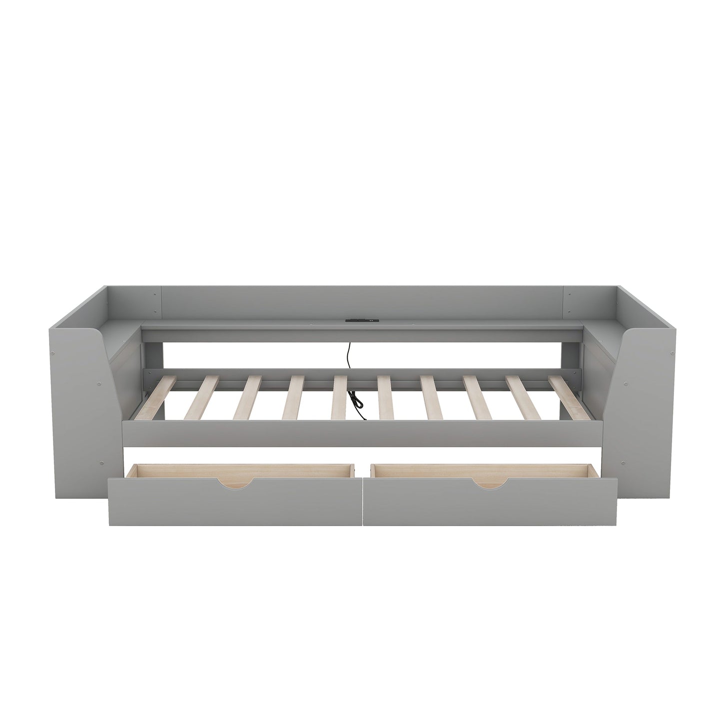 Twin Size Daybed with Shelves, Drawers and Built-In Charging Station, Gray