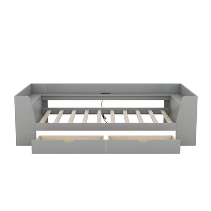 Twin Size Daybed with Shelves, Drawers and Built-In Charging Station, Gray